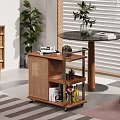 Wooden Rolling Side Table With Multiple Shelves Holding Books Wine Bottles And Decorations