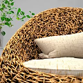 Woven Brown Round Leisure Chair with Light Colored Cushion Green Plant Transparent Vase and Magazines