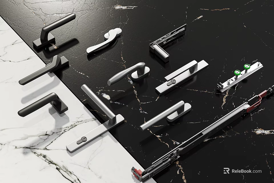 Modern Metal Door Handles With Sleek Design On Marble Countertop Surface 3d model 