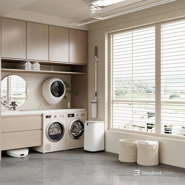 Home Laundry Balcony Interior With Washing Machine Dryer Sink Cabinets Blinds And Outside View 3d model 