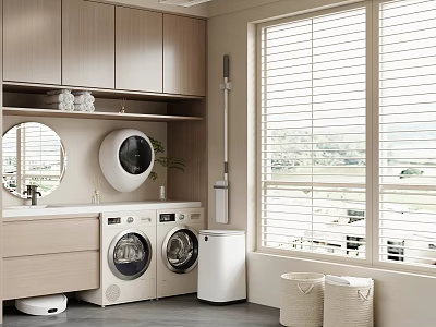 Home Laundry Balcony Interior With Washing Machine Dryer Sink Cabinets Blinds And Outside View 3d model