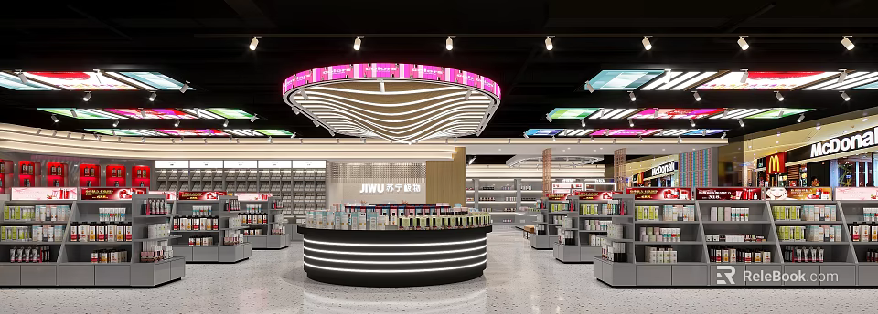 Modern Specialty Store Interior Featuring Central Display Counter Organized Shelves And Unique Lighting Design 3d model 