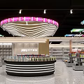 Modern Specialty Store Interior Featuring Central Display Counter Organized Shelves And Unique Lighting Design