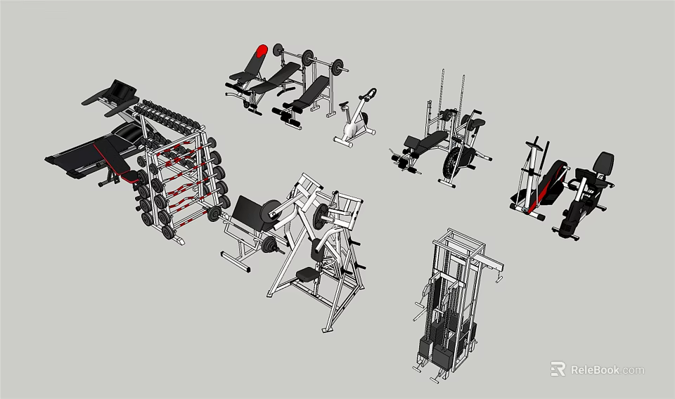 Different Types of Sports Equipment Including Dumbbell Racks Exercise Benches Elliptical and Rowing Machines 3d model 