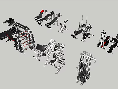 Different Types of Sports Equipment Including Dumbbell Racks Exercise Benches Elliptical and Rowing Machines 3d model