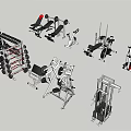Different Types of Sports Equipment Including Dumbbell Racks Exercise Benches Elliptical and Rowing Machines