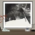 Serene Traditional Chinese Ink Landscape Painting with Snowy Mountains and Pine Trees