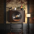 Dark Wooden Entryway Side Cabinet With Crane Decoration Vase Cup Horse Figurine And Floor Lamp