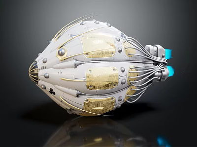 Futuristic Mechanical Device With White Gold Structure Circular Square Components Cables And Blue Parts 3d model