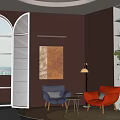 Gray Orange Accent Lounge Chairs With Small Coffee Table Wall Painting Arched Window Shelving Unit