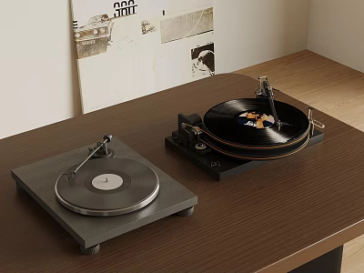 Stylish Turntables On Wooden Table With Wall Posters And Decor 3d model