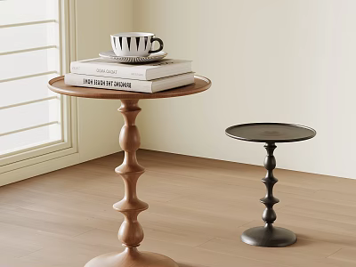 Modern Side Tables With Cylindrical Bases And Round Tops Featuring Books And Mug Near Window 3d model