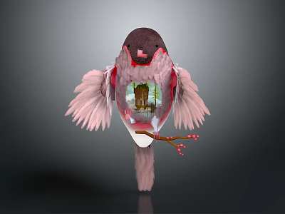 Pink Bird Shaped Decorative Household Item With Inner Scene And Feather Wings 3d model
