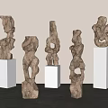 Hand Carved Irregular Wooden Sculptures on White Cube Pedestals with Light Walls and Gray Floor