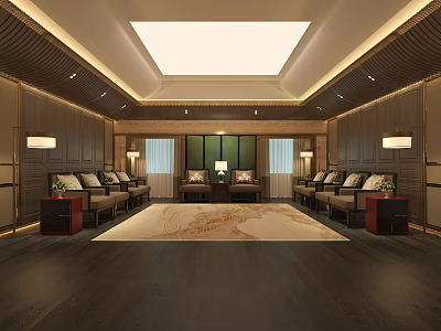 Hotel Public Lounge Area With Elegant Wooden Walls Decorative Rug Sofas And Side Tables 3d model