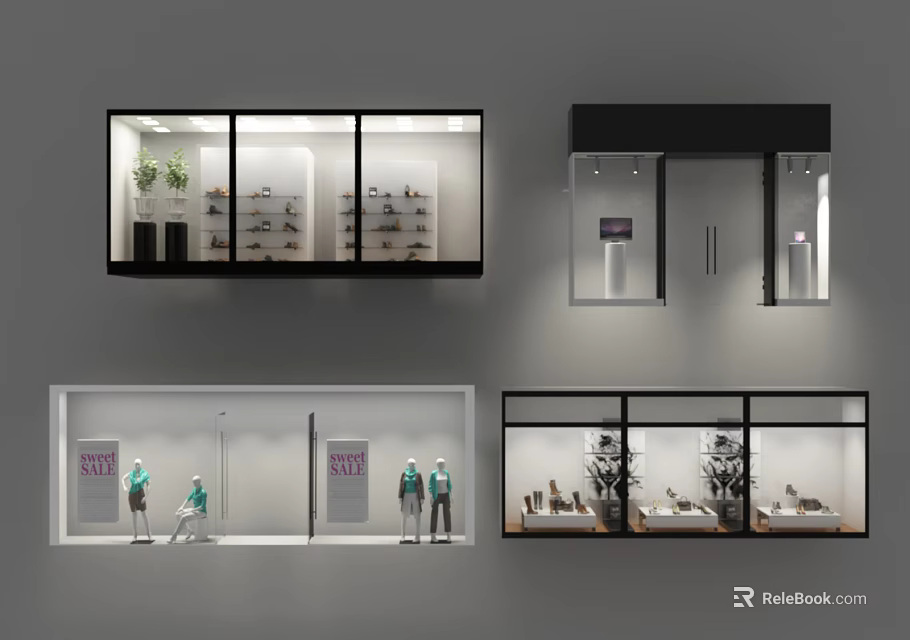 Stylish Shop Windows Display with Shoes Mannequins Lighting and Decorative Plants 3d model 