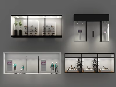 Stylish Shop Windows Display with Shoes Mannequins Lighting and Decorative Plants 3d model