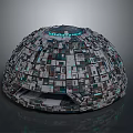 Futuristic Dome Structure With Geometric Panel Exterior Blue Lights And Reflective Base