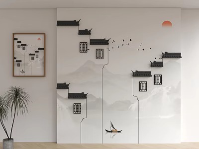 Chinese Style Sofa Background Wall With Huizhou Architecture Mountains Rivers Birds Red Sun 3d model