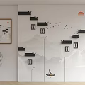 Chinese Style Sofa Background Wall With Huizhou Architecture Mountains Rivers Birds Red Sun