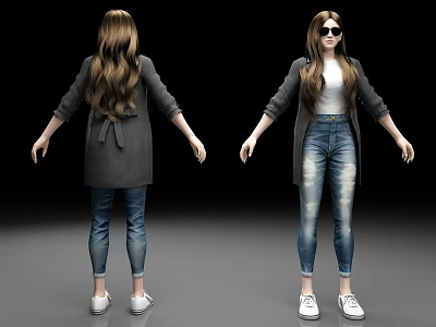 Woman Wearing Gray Coat White T-shirt Blue Jeans With Back And Front View 3d model