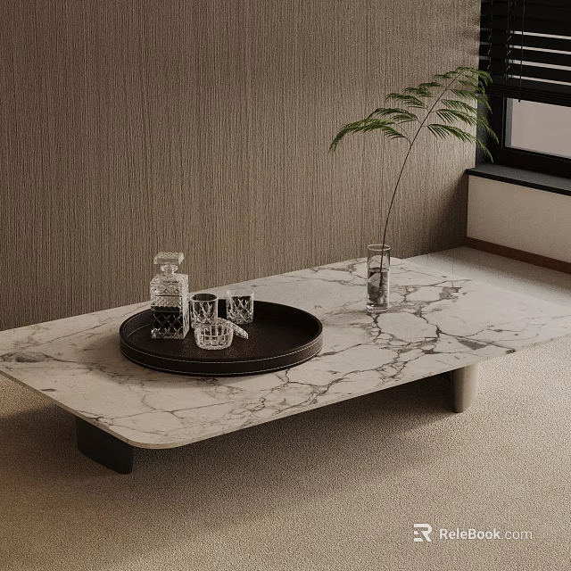 Modern Sofa Coffee Table Set With Marble Top Black Tray Glass Cups And Plant Vase 3d model 