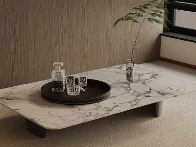 Modern Sofa Coffee Table Set With Marble Top Black Tray Glass Cups And Plant Vase 3d model
