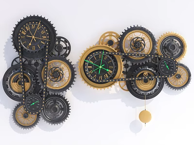 Intricate Mechanical Decorative Clock With Black And Gold Interlocking Gears Design 3d model