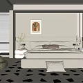 Modern Double Bed With Bedside Lighting Nightstand Green Plant And Decorative Painting