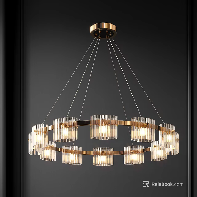 Contemporary Double Ring Chandelier With Brass Frame And Glass Pendant Shades Illuminated 3d model 
