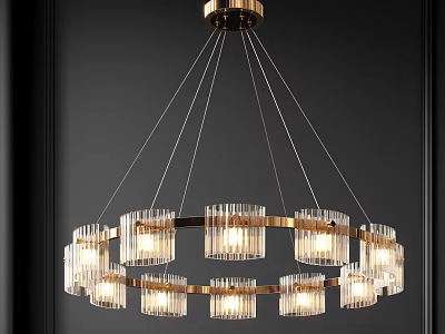 Contemporary Double Ring Chandelier With Brass Frame And Glass Pendant Shades Illuminated 3d model