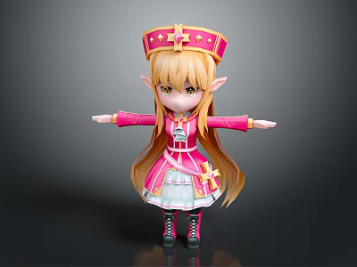 Game Movie Character In Pink Outfit Cross Hat Blonde Hair Elf Ears Outstretched Arms 3d model