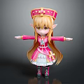 Game Movie Character In Pink Outfit Cross Hat Blonde Hair Elf Ears Outstretched Arms