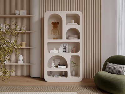 White Unique Design Bookcase With Geometric Cutout Shelves Displaying Stuffed Bear And Decorative Items 3d model