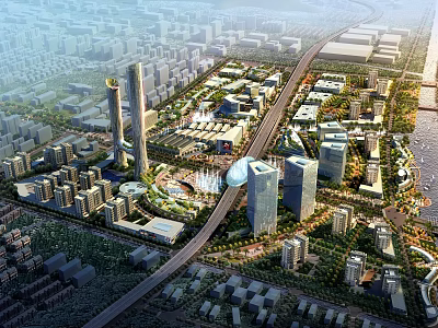 Aerial View of Modern Urban Cityscape With High Rise Buildings Roads and Green Spaces 3d model