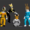 Game Movie Cartoon Characters With Dog Cat Rabbit Chicken In Colorful Costumes