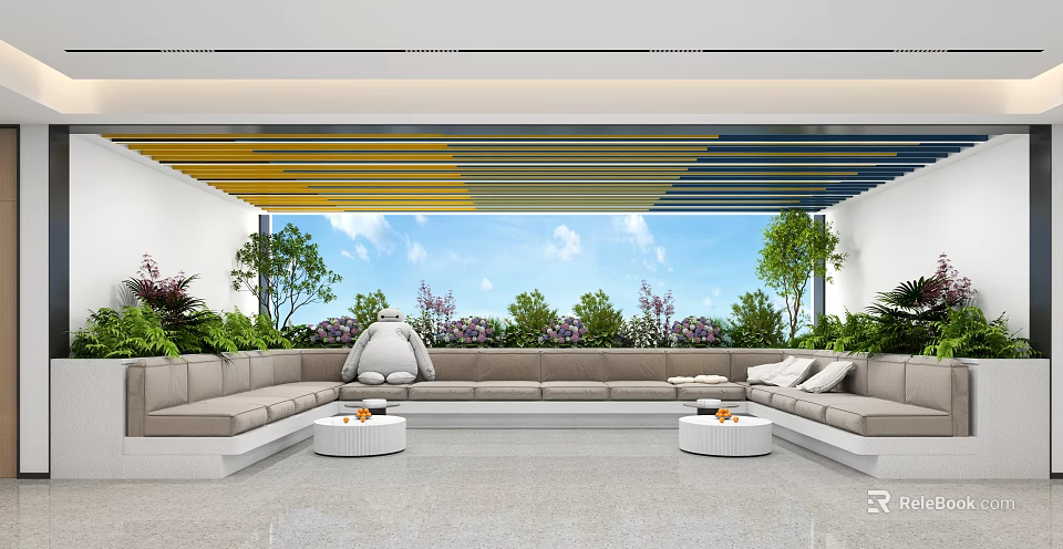 Modern Villa Balcony With Outdoor Sofa Green Plants And Scenic Blue Sky View 3d model 