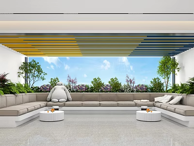 Modern Villa Balcony With Outdoor Sofa Green Plants And Scenic Blue Sky View 3d model