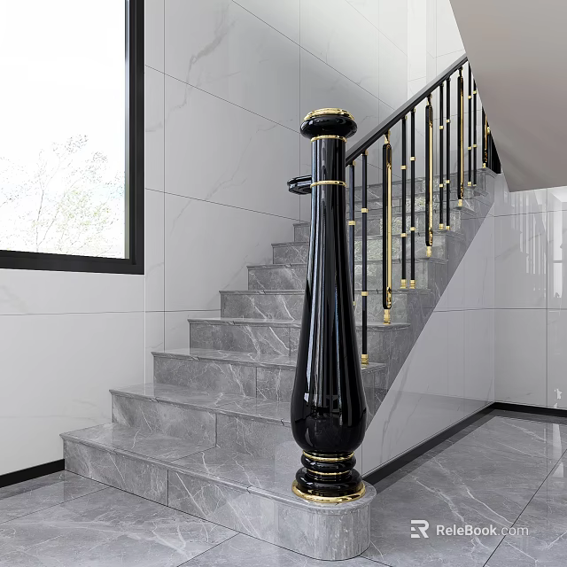 Modern Staircase Interior With Gray Marble Steps And Black Gold Balusters 3d model