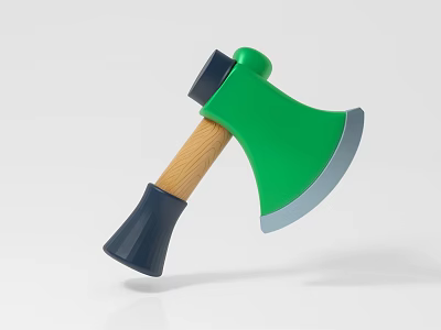 Hardware Tools Green Axe with Wooden Handle Gray Blade and Black Bottom 3d model