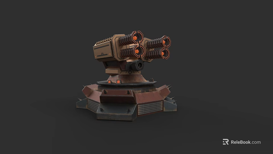 Automatic Turret Weapon With Multiple Glowing Barrels And Hexagonal Base 3d model