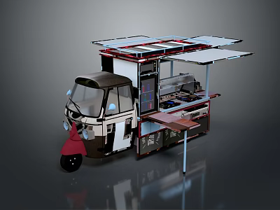 Mobile Three-Wheeled Commercial Food Cart Equipment With Cooking Area And Open Counter 3d model