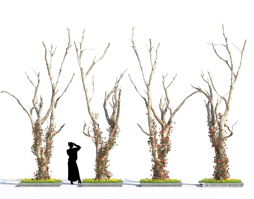 Vines Growing On Bare Trees With Figure And Flower Beds 3d model