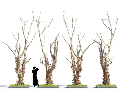 Vines Growing On Bare Trees With Figure And Flower Beds 3d model