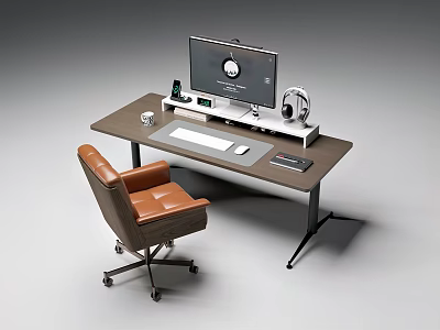Modern Office Desk With Computer Monitor Headphones Keyboard Mouse Coffee Mug And Leather Office Chair 3d model