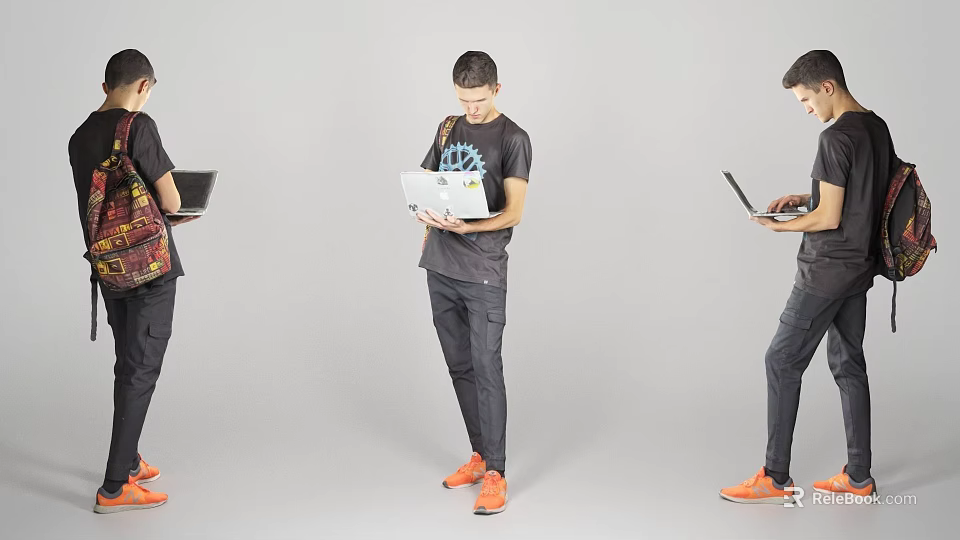 Man Holding Laptop Wearing Black T Shirt Dark Pants And Orange Shoes Against Gray Background 3d model 