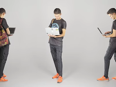 Man Holding Laptop Wearing Black T Shirt Dark Pants And Orange Shoes Against Gray Background 3d model