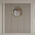 Modern Bedroom Accent Wall With Gray Upholstered Panel And Gold Circular Mirror 3d model