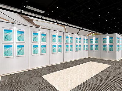 Art Exhibition Hall With White Panels Displaying Blue Paintings Under Bright Lighting And Carpet 3d model