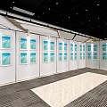 Art Exhibition Hall With White Panels Displaying Blue Paintings Under Bright Lighting And Carpet